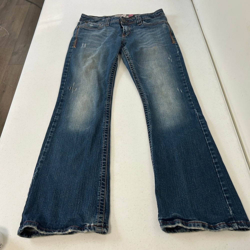Aeropostale Hailey Skinny Flare Jeans Blue Medium Wash Distressed Low Rise 7/8